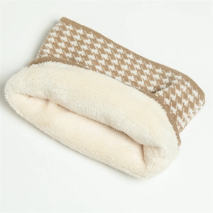 Winter houndstooth knit neck warmer with thick white plush lining for extra warmth