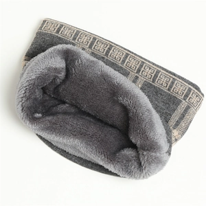 Warm knit neck warmer with thick fleece lining and geometric pattern border for winter