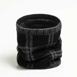 Detailed view of winter neck warmer featuring a plaid knit pattern and thick fleece lining