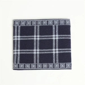 Close-up of knit neck warmer featuring navy blue plaid pattern and geometric borders