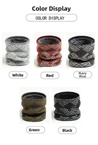 Detail display of five knit neck warmers in white, red, navy, green and black colors