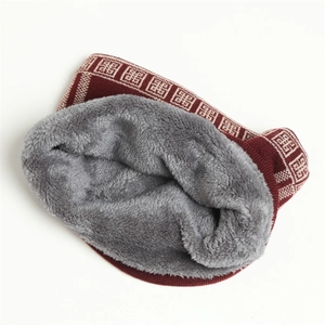 Close-up of thick grey faux fleece lining and burgundy knit texture for winter neck gaiter