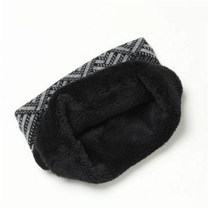Close-up of geometric pattern jacquard knitting and thick faux fur lining of neck warmer