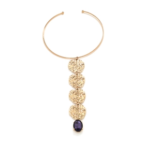 Vintage gold collar necklace with hammered coin pendants and purple gemstone drop