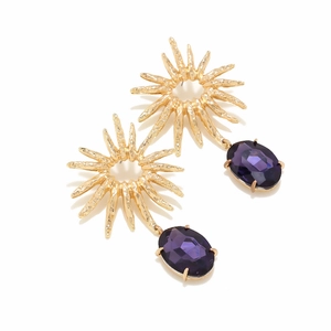 Retro gold sunburst drop earrings featuring purple oval gemstones and textured metal finish