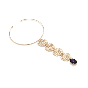 Minimalist gold coin choker with geometric purple crystal pendant for women