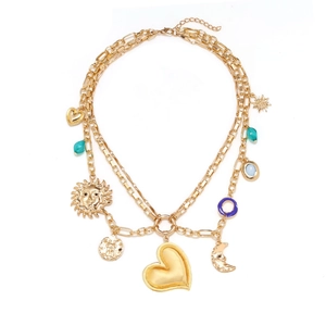 Multi Layer Pendant Necklace Golden Alloy Heart Sun Moon Coin Bohemian Vintage Jewelry For Women