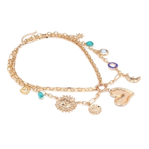 Gold multilayer necklace featuring sun, moon, and heart charms with colorful beads