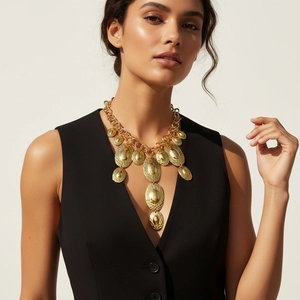 Collier Plastron Rétro Or Alliage De Zinc Martelé Pendentif Ovale Géométrique Chaîne À Maillons Bijoux Femme