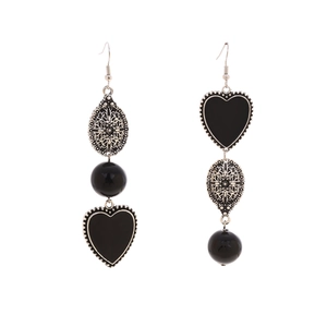 Vintage asymmetrical heart drop earrings with silver mandala patterns and black resin beads
