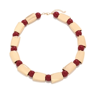 Geometric Statement Necklace Alloy Gold Plates And Deep Red Resin Beads Exaggerated Fashion Jewelry For Women