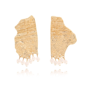 Asymmetric Geometric Drop Earrings Zinc Alloy Hammered Gold Plated With Imitation Artificial Pearl Stainless Steel Earring Post