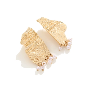 Golden irregular geometric textured earrings with hanging white pearl fringe tassels