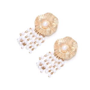 Exaggerated golden flower earrings with white imitation pearl tassels and vintage metal texture