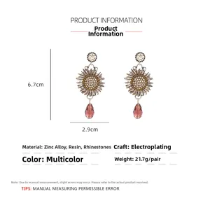 Detailed size specifications of retro sunflower drop earrings with rhinestone accents