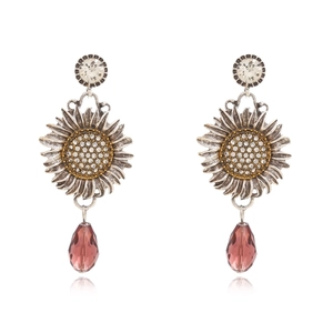 Vintage sunflower drop earrings with sparkling rhinestones and burgundy waterdrop charms