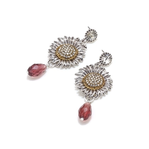 Luxury sunflower drop earrings with purple faceted crystals and pavé rhinestones