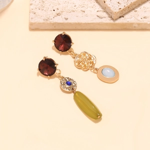 Asymmetric long earrings with gold alloy flowers, purple gems and vintage beads