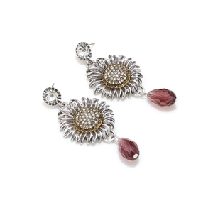 Retro sunflower earrings with sparkling rhinestones and purple waterdrop pendants