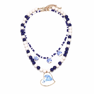 Multilayer beaded necklace with blue floral porcelain pattern and heart pendant
