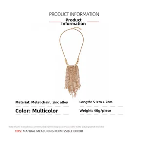 Detail of multi-strand gold chain tassel necklace with dimensions and weight specs