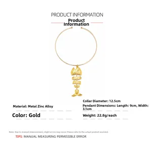 Detailed specs for gold alloy fishbone choker, diameter 12.5cm, pendant 9cm x 3.1cm