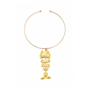 Minimalist gold alloy fishbone pendant choker necklace with articulated details