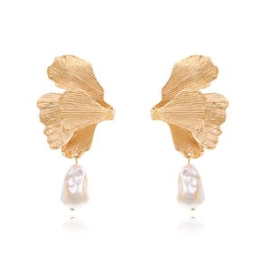 Ginkgo Leaf Dangle Earrings With Baroque Faux Artificial Pearl Zinc Alloy Textured Floral Statement Jewelry For Women