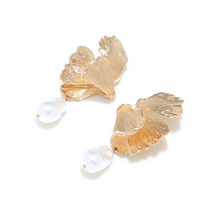Gold leaf drop earrings with textured ginkgo leaves and baroque pearls for women