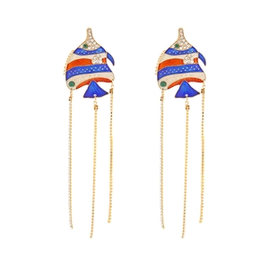Tropical Fish Enamel Dangle Earrings With Stainless Steel Earring Post Alloy Long Tassel Rhinestone Ocean Style