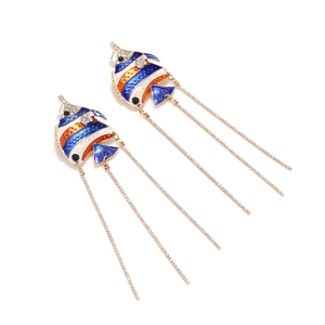 Retro tropical fish earrings with blue enamel and long rhinestone fringe tassels