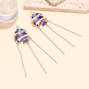 Colorful tropical fish drop earrings with blue orange enamel stripes and rhinestone tassels