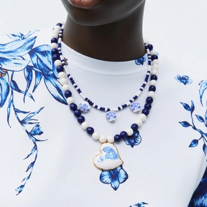 Double Layered Pendant Necklace Blue And White Porcelain Style Heart Beaded Zinc Alloy Floral Vintage Jewelry For Women