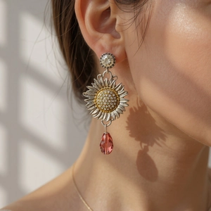Sunflower Water Drop Dangle Earrings Zinc Alloy Rhinestone Purple Resin Boho Retro Style For Women With Stainless Steel Earring Post