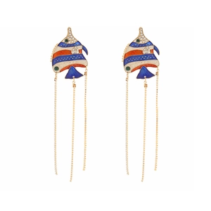 Exaggerated tropical fish drop earrings with colorful enamel and long gold tassels