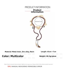Detailed spec sheet showing a multilayer heart and horn pendant necklace with measurements