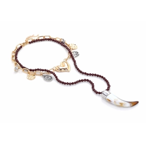 Multilayer vintage necklace with golden heart, coin charms and faux horn pendant