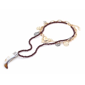 Layered bohemian necklace with heart, coin charms and a gradient horn pendant