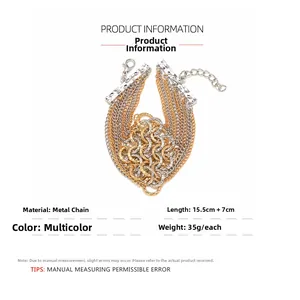 Detail view of multi-strand gold and silver link bracelet with dimensions and lobster clasp