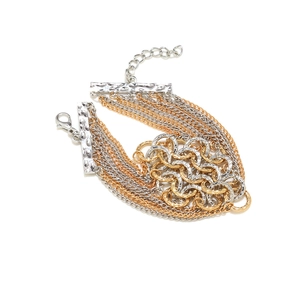Multilayered gold and silver tone chain bracelet with hand-hammered metal bars
