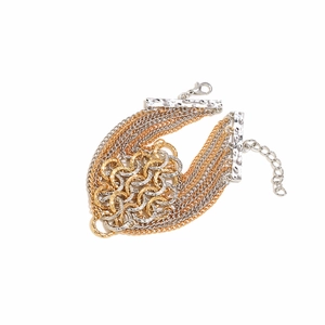 Handmade mixed-metal multi-strand chain bracelet with interlocking gold and silver rings