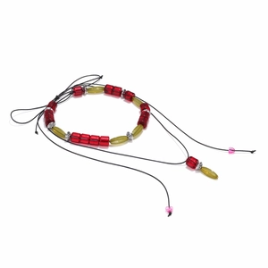 Multilayer beaded necklace with red and olive resin beads and pink heart charm