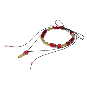 Multilayer beaded necklace with red resin beads and pink heart charm on black cord
