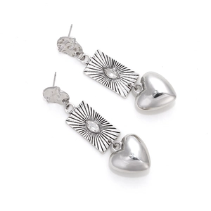 Silver vintage multi-layered long geometric earrings with heart pendant and tassels
