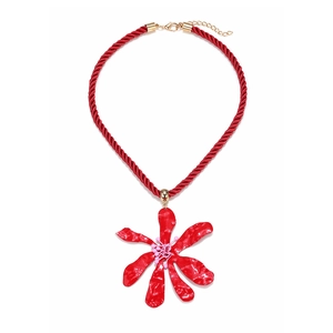 Bohemian bold red flower pendant necklace with textured rope cord and adjustable gold clasp