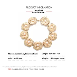 Detailed close-up of vintage gold alloy floral necklace featuring large pearls