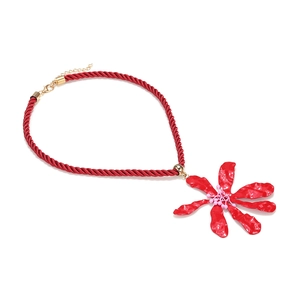 Bohemian large red flower pendant necklace with woven rope chain and golden clasp