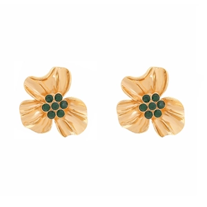 Orecchini vintage a fiore dorati con cristalli verdi e design elegante francese