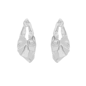 Abstract silver geometric hollow earrings with a textured crumpled finish and mirror polish