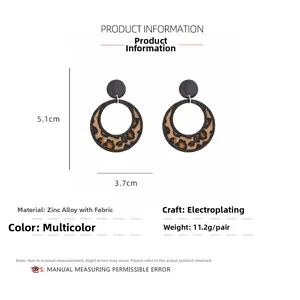 Detailed view of leopard print hoop earrings with dimensions and product specifications